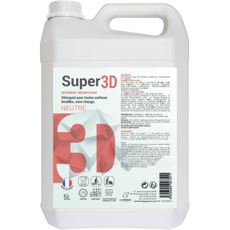Détergent désinfectant bactéricide, virucide 3D EN14476 sans rinçage bidon 5 L