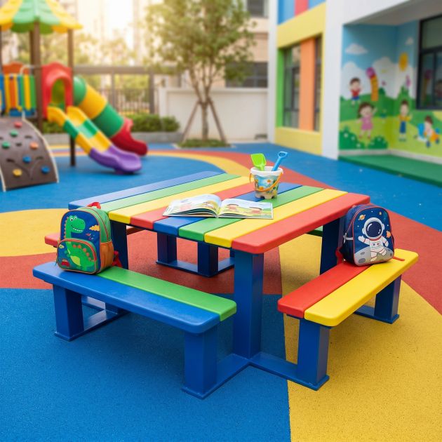 Table pique-nique école bois et acier multicolore