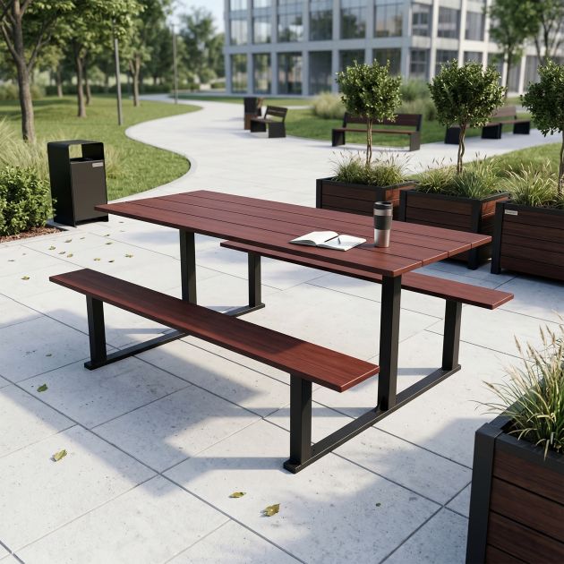 Table pique-nique en compact effet acajou et acier