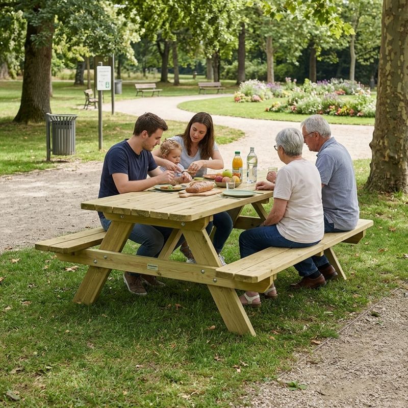 Table de pique nique bois PMR pin FSC 35 mm trou parasol