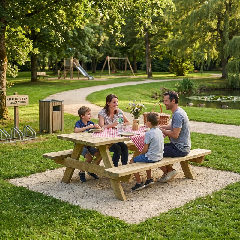 Table de pique nique PMR en bois pin FSC 45 mm trou parasol