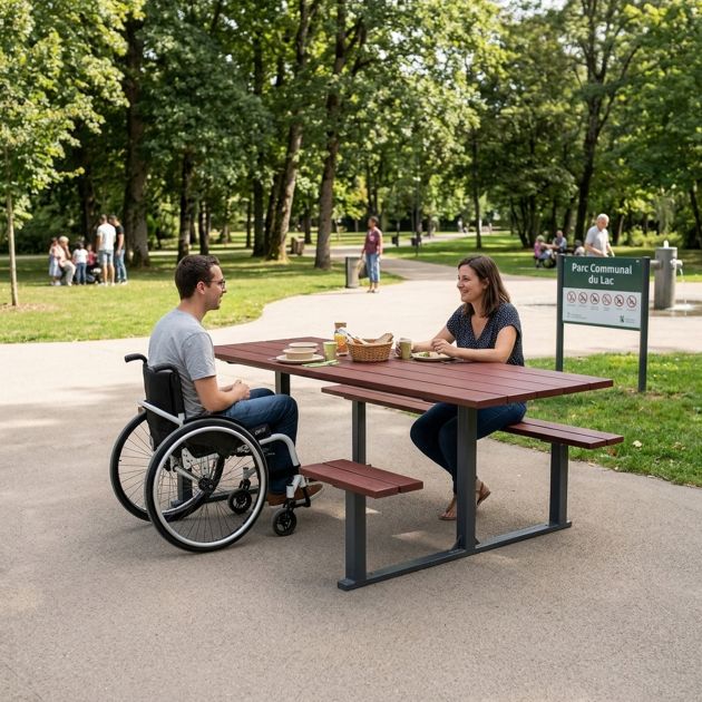 Table pique-nique PMR compact effet acajou et acier
