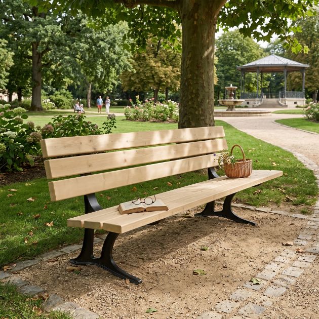 Banc public bois 6 lames pieds fonte 4 places 180 cm