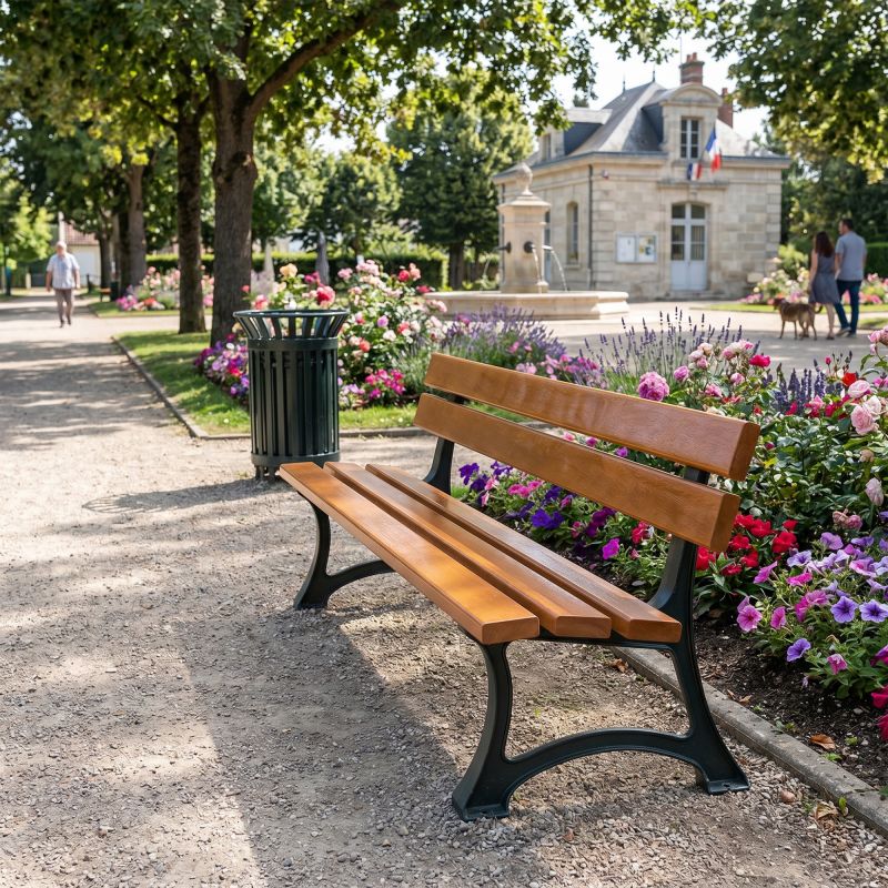 Banc public bois exotique 5 lames pieds fonte 4 places 180 cm