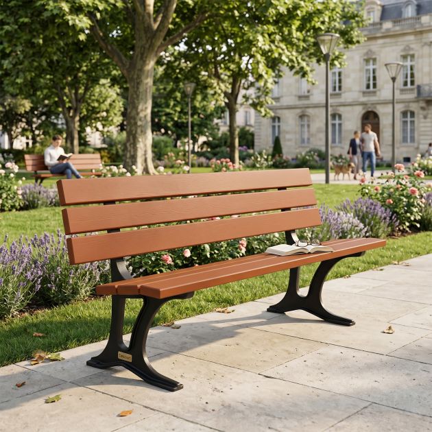 Banc public bois exotique et fonte 4 places 6 lames 180 cm