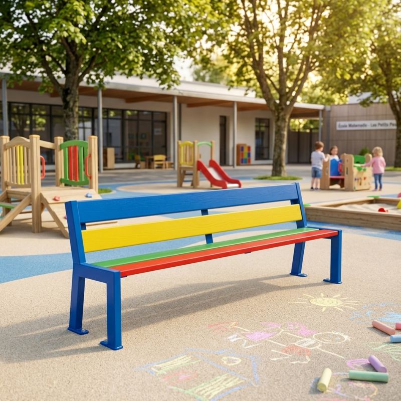 Banc extérieur école bois et acier multicolore