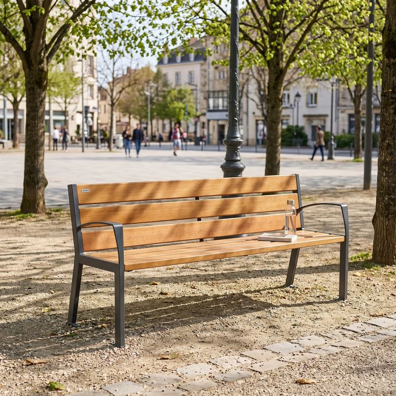 Banc public bois avec accoudoirs 180 cm chêne et acier