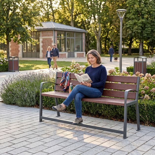 Banc public avec accoudoirs et repose-pieds plastique recyclé et acier 180 cm
