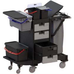 Chariot de ménage hospitalier sécurisé 4 seaux et porte-sac