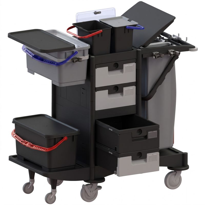 Chariot de ménage hospitalier sécurisé 4 seaux et porte-sac