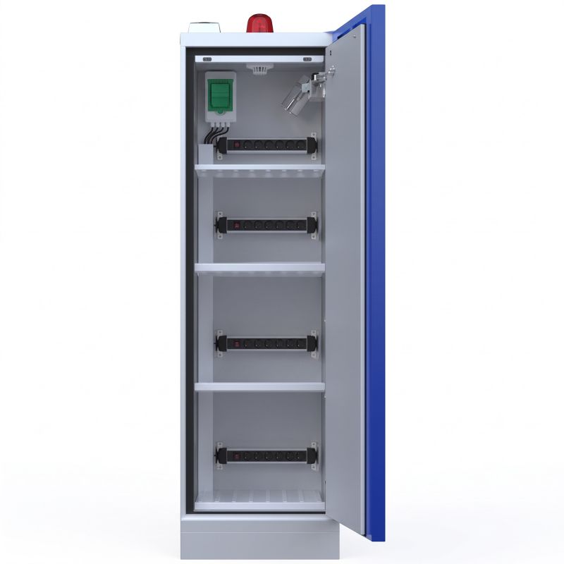 Armoire stockage et recharge batterie lithium anti feu 90 min avec alarme et détecteur de fumée