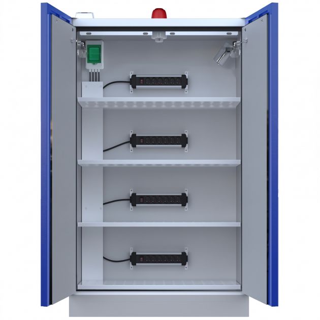 Armoire de sécurité 2 portes pour batterie lithium-ion avec détecteur de fumée et alarme avec extincteur et report SSI