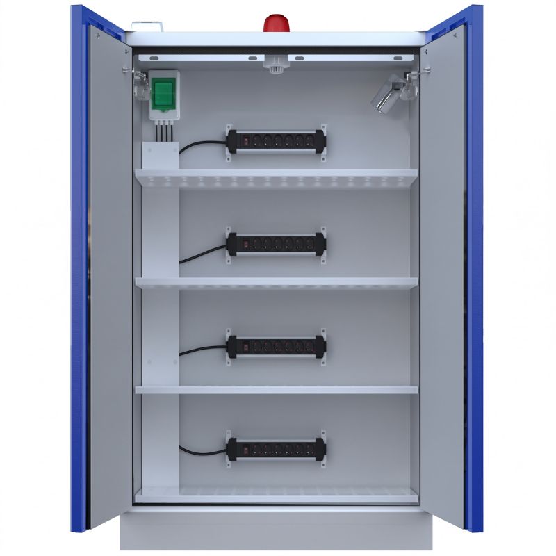 Armoire de sécurité 2 portes pour batterie lithium-ion avec détecteur de fumée et alarme avec extincteur et report SSI