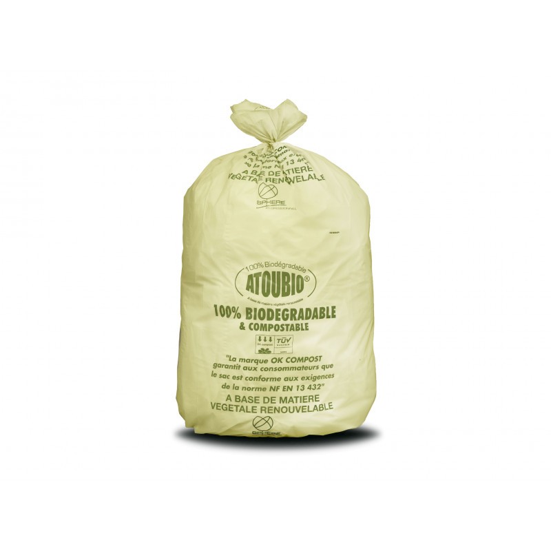 Sac poubelle biodégradable vert liens coulissants Atoubio 80 L - carton de 200 Sac poubelle biodégradable vert liens coulissants Atoubio 80 L - carton de 200