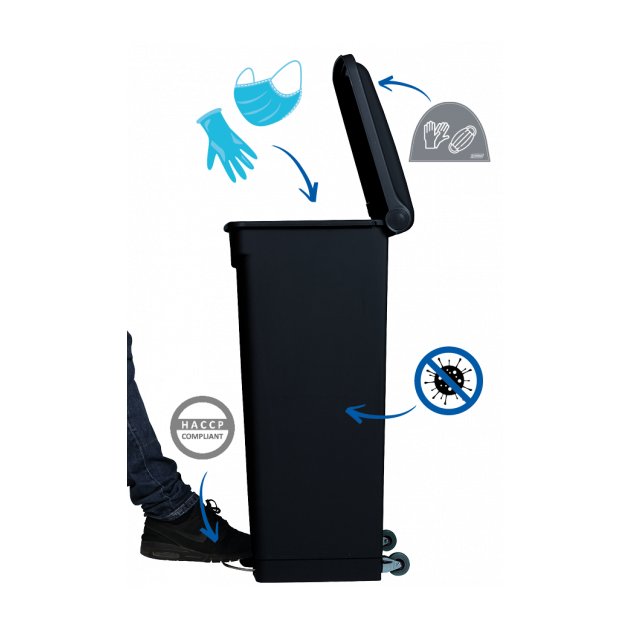 Poubelle à pédale HACCP noire antibactérienne et antimicrobienne Probbax
