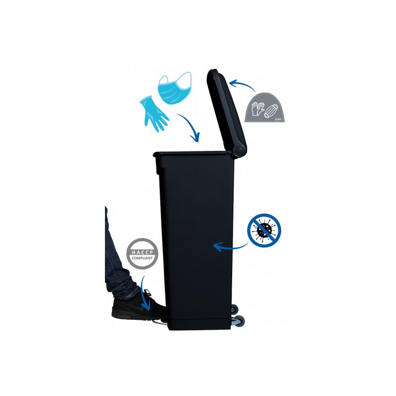 Poubelle à pédale HACCP noire antibactérienne et antimicrobienne Probbax