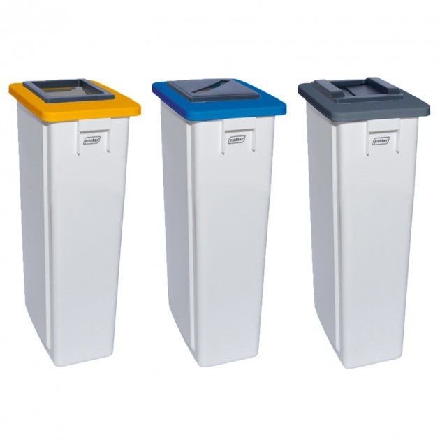 Poubelle tri sélectif triple flux 3x60 L gris jaune bleu (tout venant, carton, papier - collecteur blanc) Poubelle tri sélectif triple flux 3x60 L gris jaune bleu (tout venant, carton, papier - collecteur blanc)