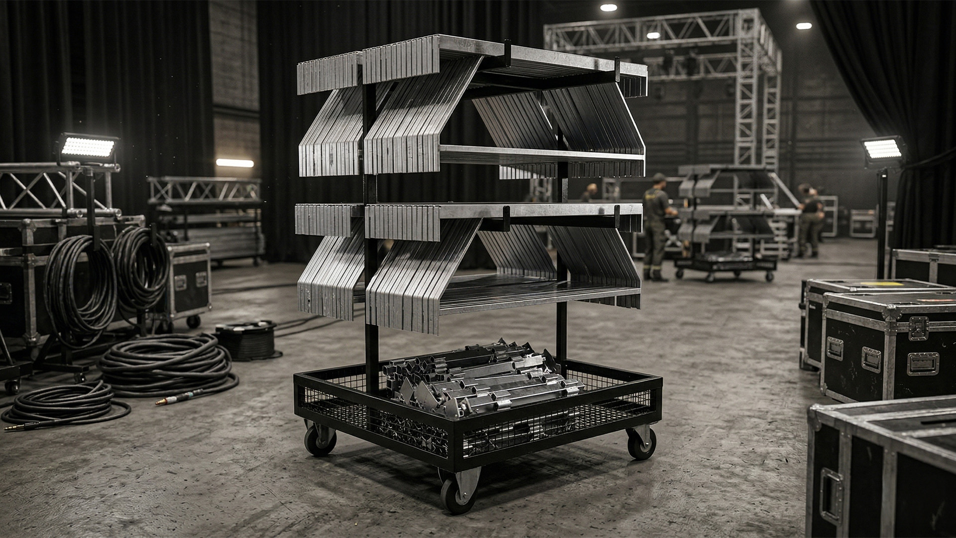 chariot de manutention pour elements de podium demontable