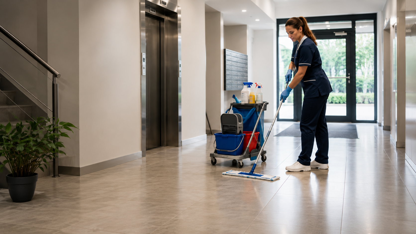femme entrain de nettoyer une copropriété