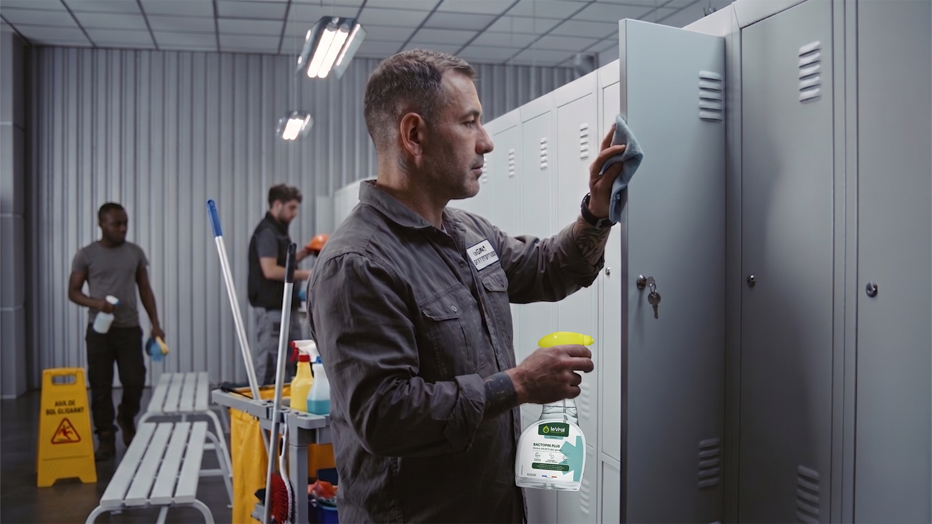 Agent de propreté nettoyant un vestiaire métallique avec un désinfectant professionnel