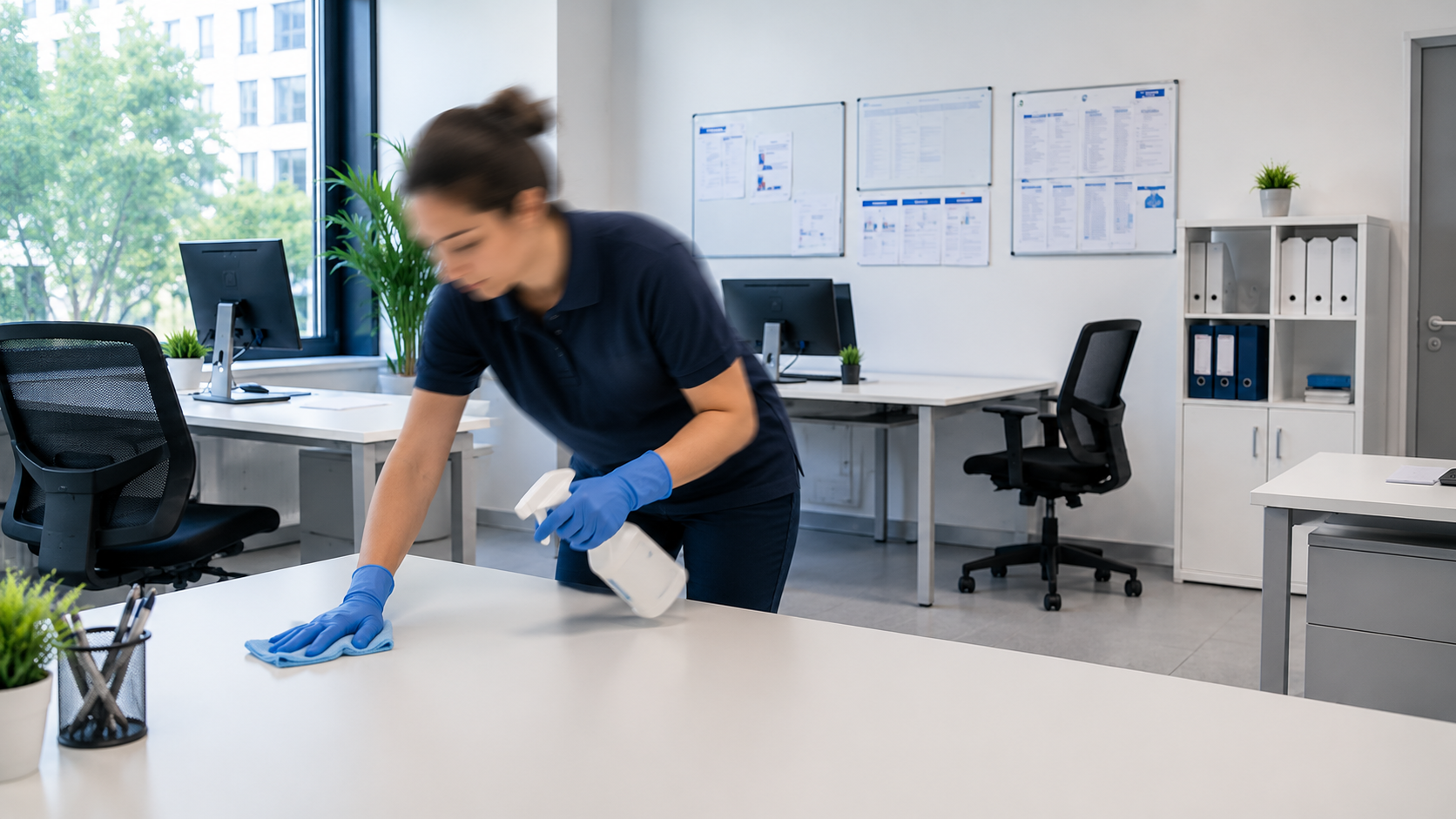Femme qui désinfecte des bureaux