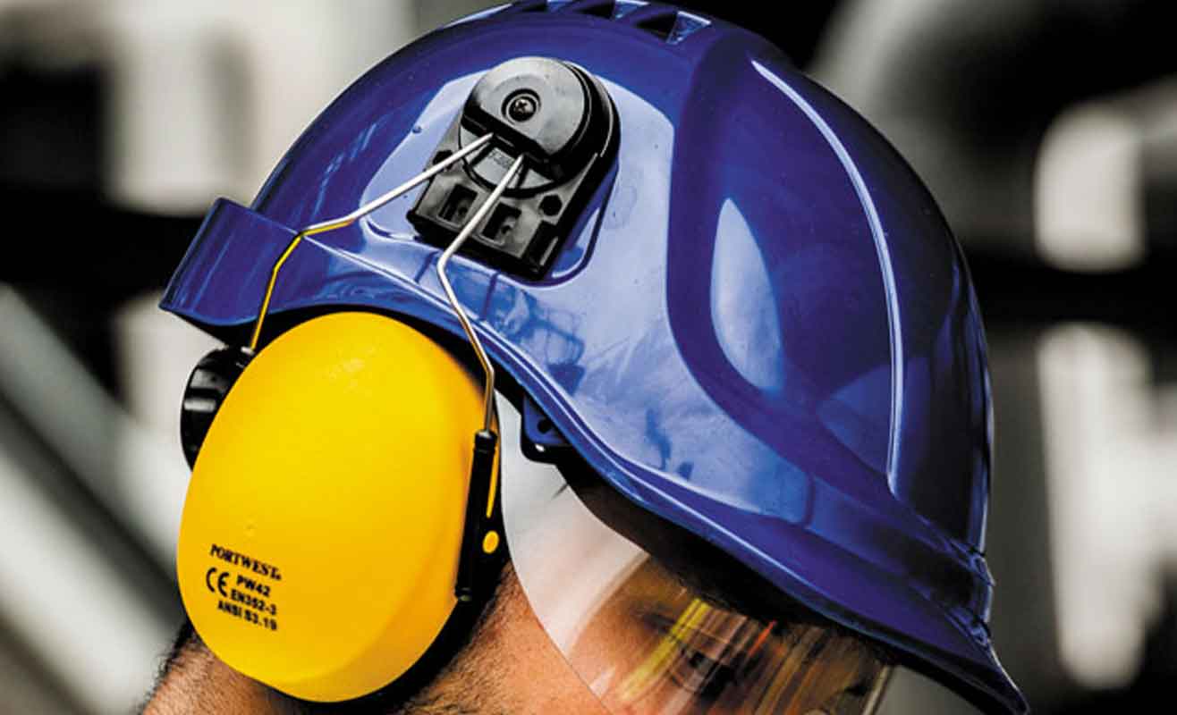casque anti bruit coquille portwest jaune sur casque bleu